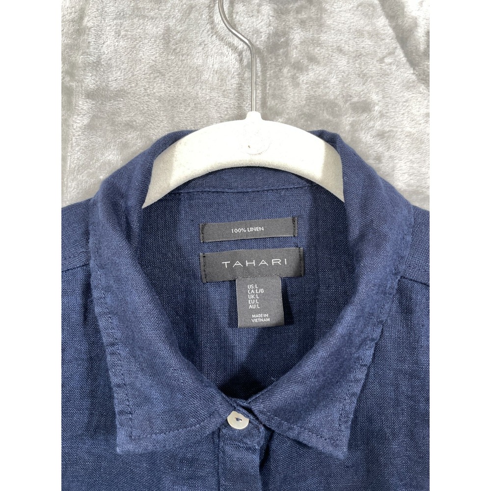 TAHARI 100% Linen Tunic Shirt Women's L Navy Long Sleeve Relaxed Coastal Collar - Picture 3 of 7